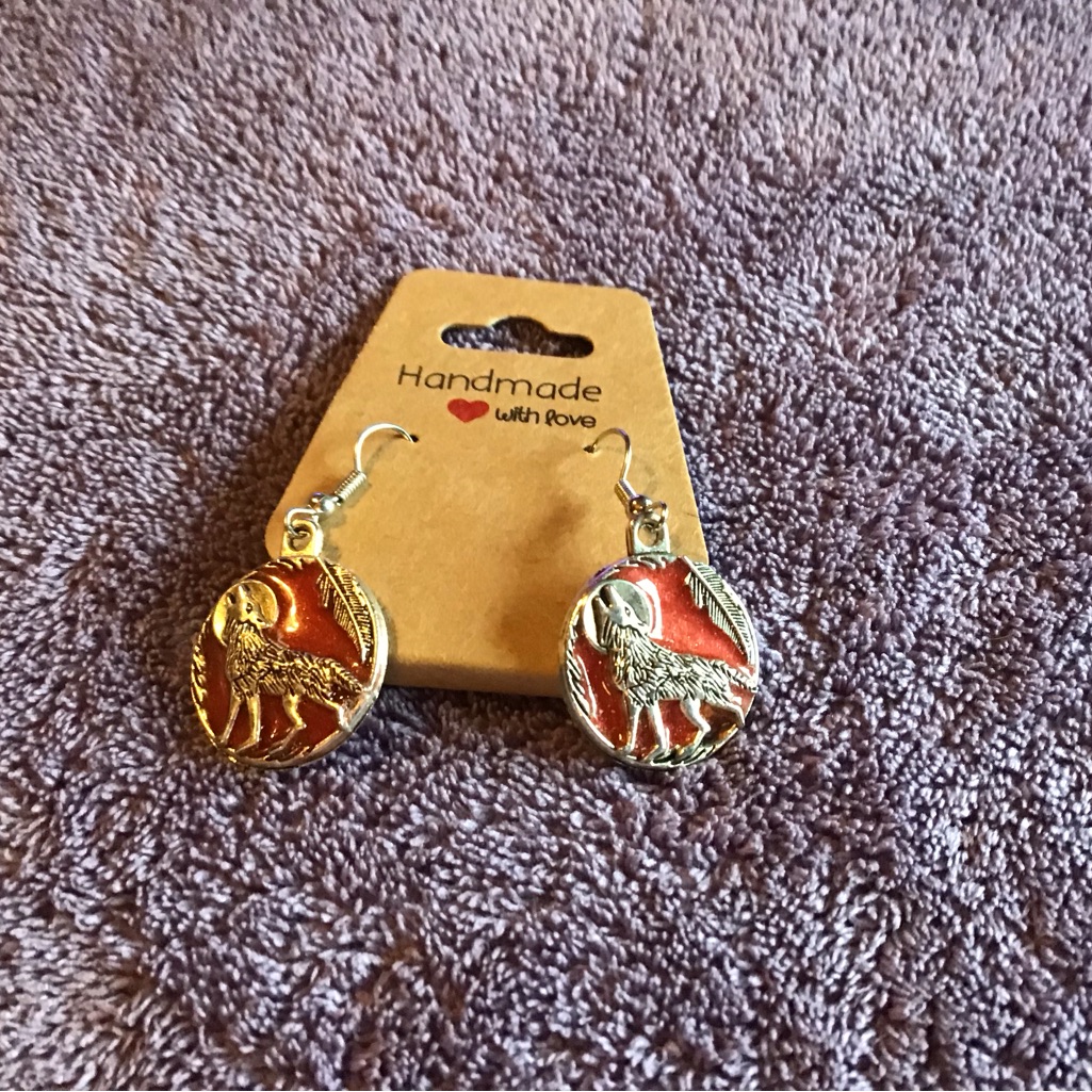 Handmade Gold And Red Wolf Earrings
